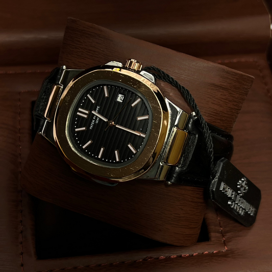 Introducing the Patek Philippe Geneve Black Leather Strap Watch – Copper-Tone &amp; Silver Case, Black Dial