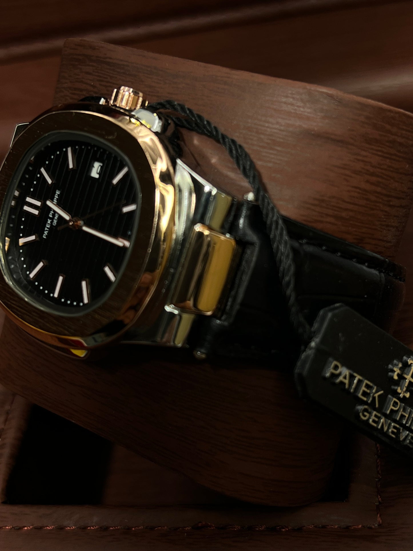 Introducing the Patek Philippe Geneve Black Leather Strap Watch – Copper-Tone &amp; Silver Case, Black Dial